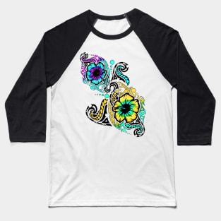 Blue and Yellow Hibiscus Flower Tribals Baseball T-Shirt